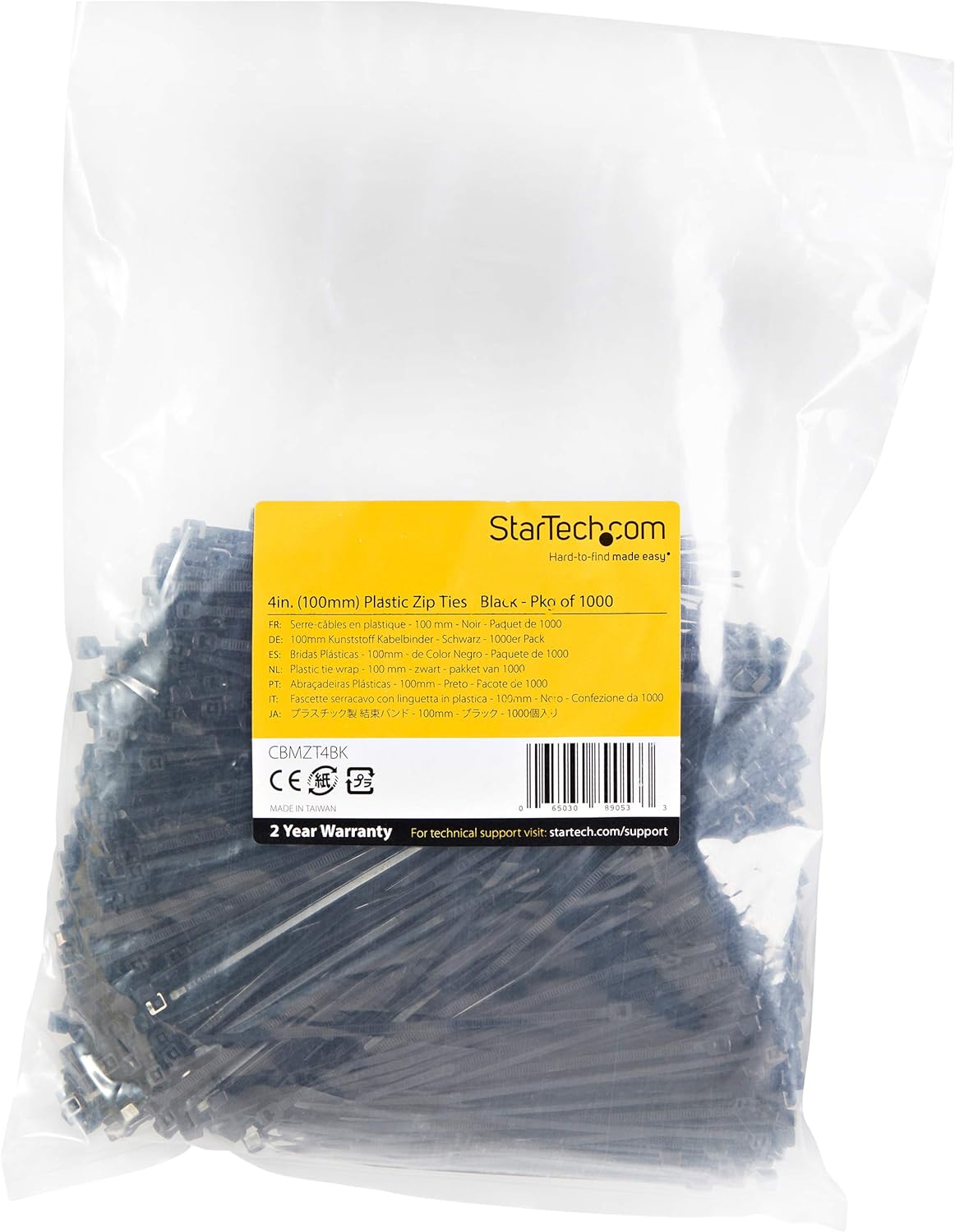 StarTech.com 4"(10cm) Cable Ties - 1/16"(2mm) wide, 7/8"(22mm) Bundle Diameter, 18lb(8kg) Tensile Strength, Nylon Self Locking Zip Ties with Curved Tip - 94V-2/UL Listed, 1000 Pack -, Black, CBMZT4BK