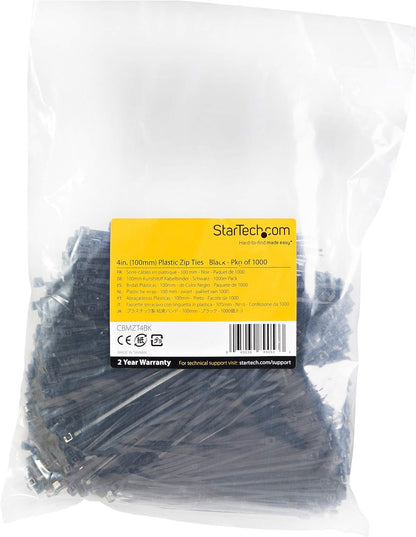 StarTech.com 4"(10cm) Cable Ties - 1/16"(2mm) wide, 7/8"(22mm) Bundle Diameter, 18lb(8kg) Tensile Strength, Nylon Self Locking Zip Ties with Curved Tip - 94V-2/UL Listed, 1000 Pack -, Black, CBMZT4BK