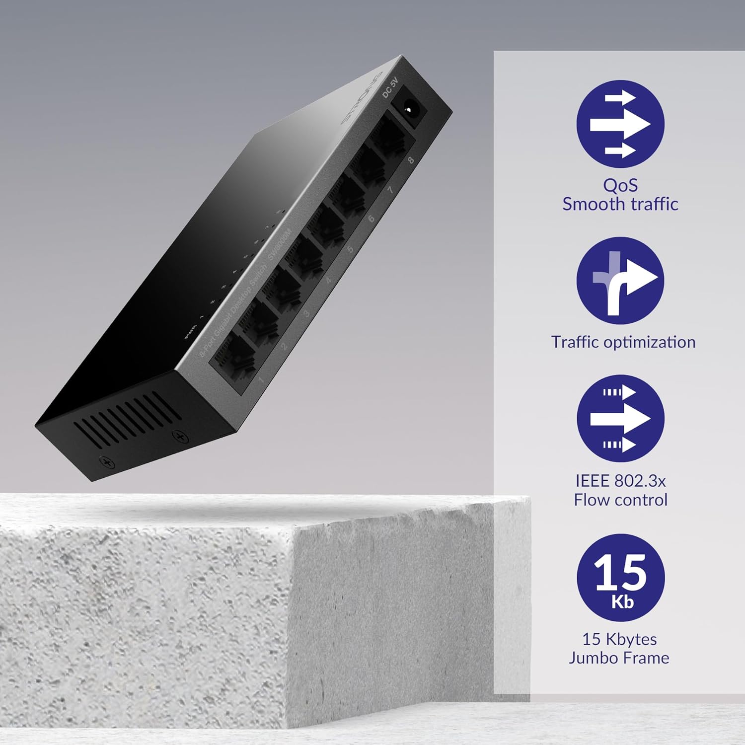 STRONG SW8000M in Metal | 8-Port Gigabit Desktop Switch | Table and Wall Mount | Ideal for Fast LAN Connections | Optimises Data Traffic | Fanless | Network Expansion | Black