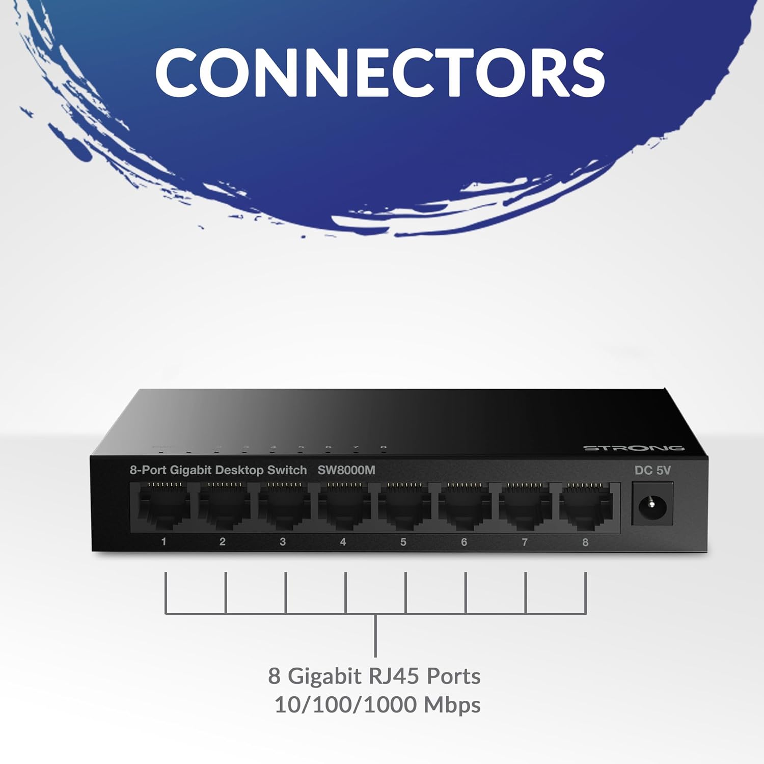 STRONG SW8000M in Metal | 8-Port Gigabit Desktop Switch | Table and Wall Mount | Ideal for Fast LAN Connections | Optimises Data Traffic | Fanless | Network Expansion | Black