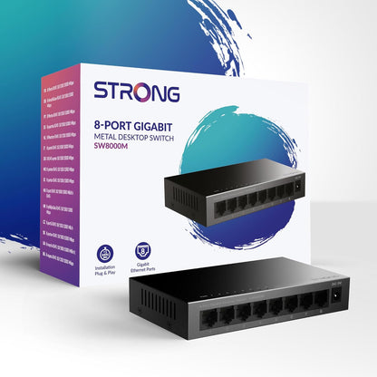 STRONG SW8000M in Metal | 8-Port Gigabit Desktop Switch | Table and Wall Mount | Ideal for Fast LAN Connections | Optimises Data Traffic | Fanless | Network Expansion | Black