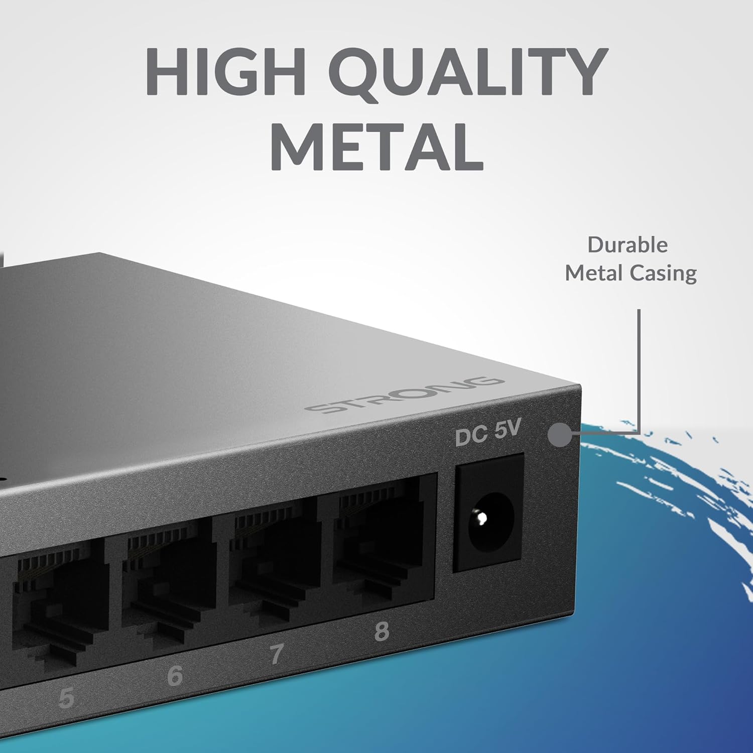 STRONG SW8000M in Metal | 8-Port Gigabit Desktop Switch | Table and Wall Mount | Ideal for Fast LAN Connections | Optimises Data Traffic | Fanless | Network Expansion | Black