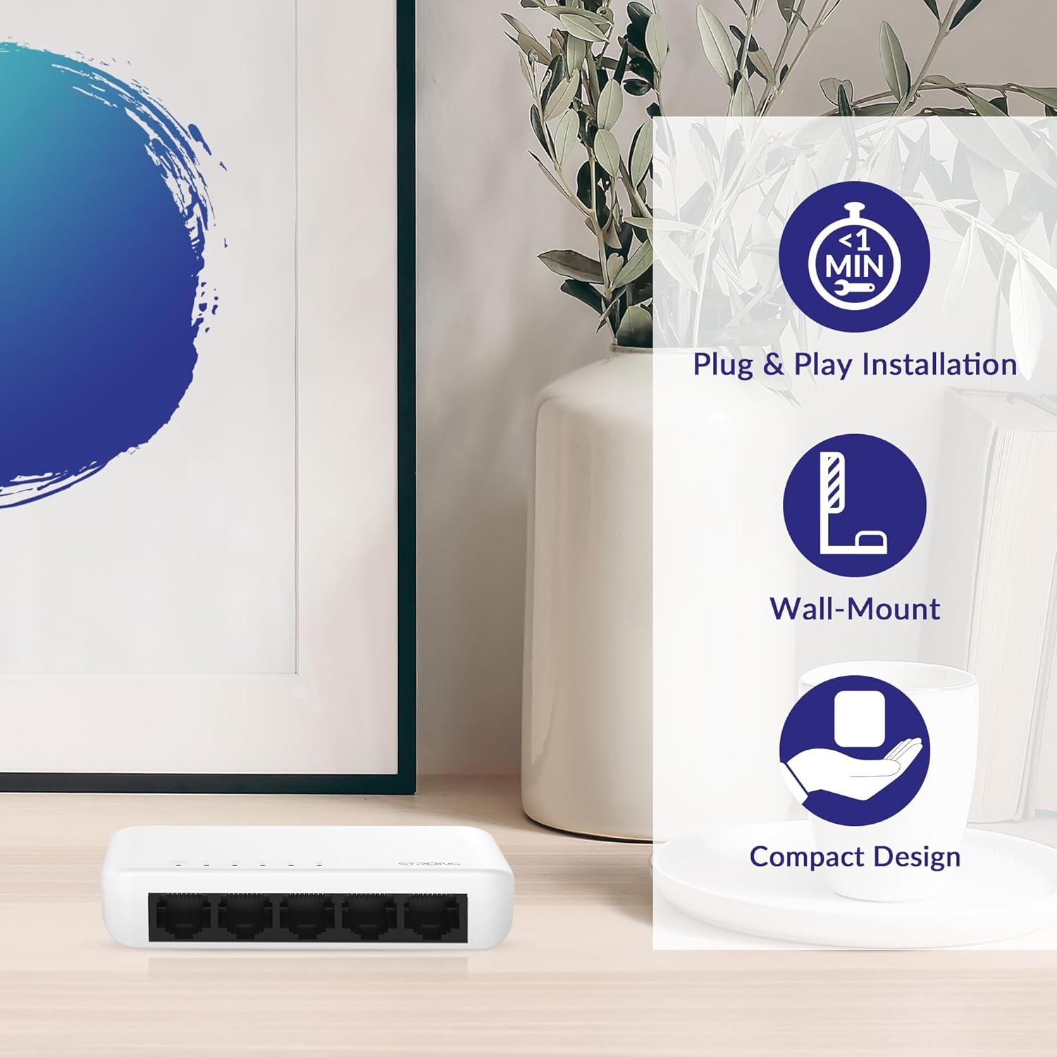 STRONG SW8000M in Metal | 8-Port Gigabit Desktop Switch | Table and Wall Mount | Ideal for Fast LAN Connections | Optimises Data Traffic | Fanless | Network Expansion | Black