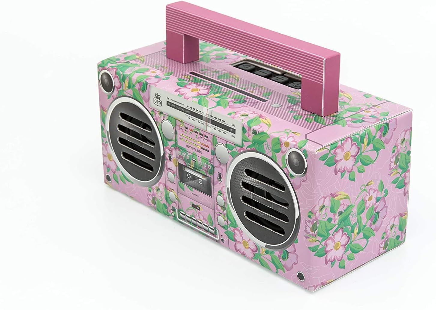 GPO BRONX Mini Bluetooth Speaker. Compact Retro Portable Speaker with Rechargeable Battery, USB Port, TF Card Port, and Aux, Outdoor Speaker for Parties, Floral Pink