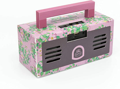 GPO BRONX Mini Bluetooth Speaker. Compact Retro Portable Speaker with Rechargeable Battery, USB Port, TF Card Port, and Aux, Outdoor Speaker for Parties, Floral Pink
