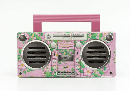 GPO BRONX Mini Bluetooth Speaker. Compact Retro Portable Speaker with Rechargeable Battery, USB Port, TF Card Port, and Aux, Outdoor Speaker for Parties, Floral Pink