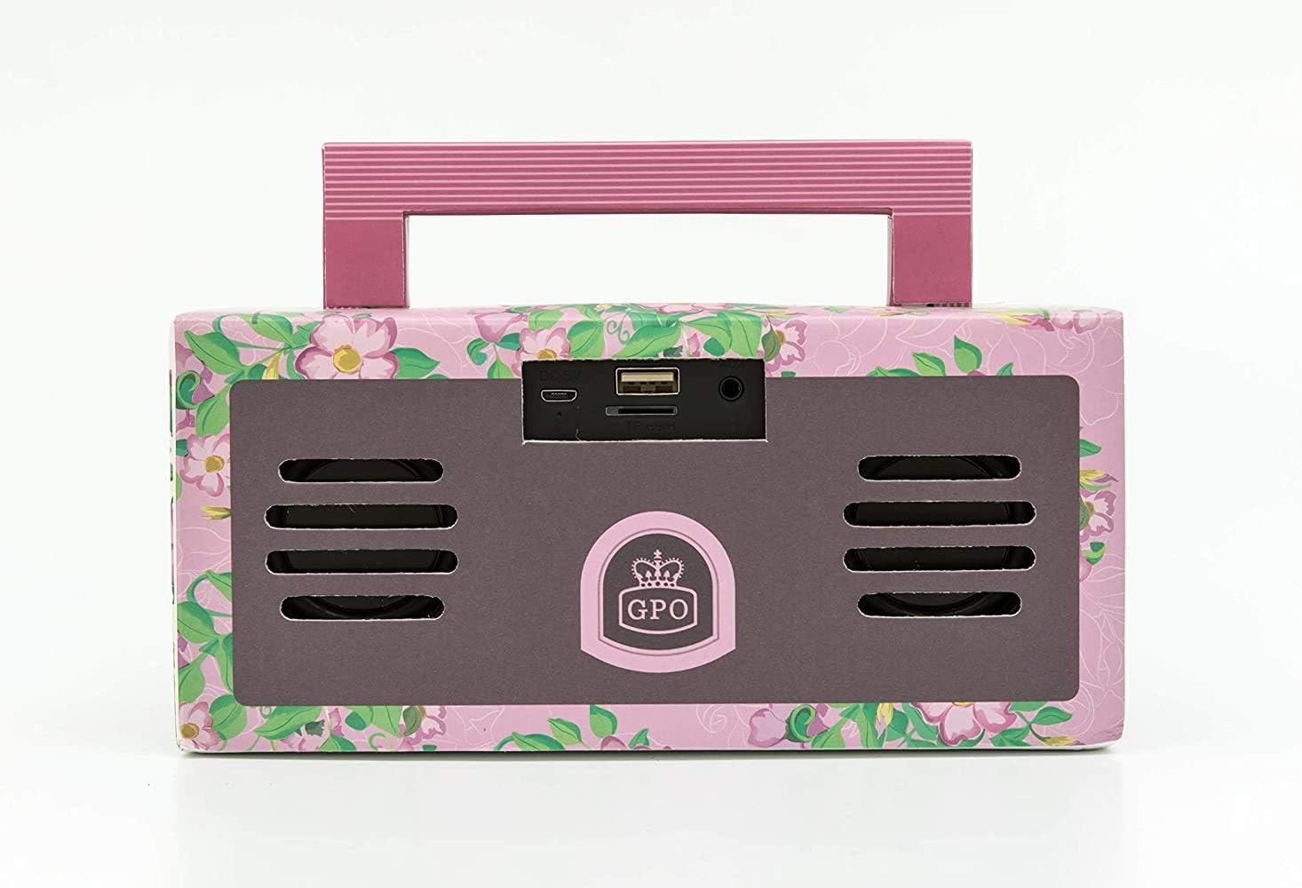 GPO BRONX Mini Bluetooth Speaker. Compact Retro Portable Speaker with Rechargeable Battery, USB Port, TF Card Port, and Aux, Outdoor Speaker for Parties, Floral Pink