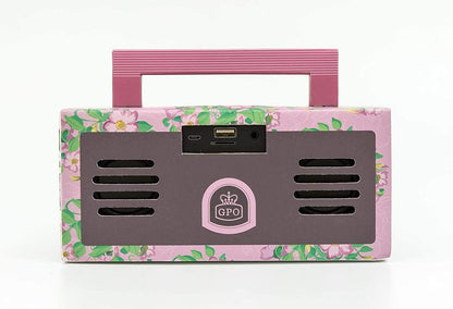 GPO BRONX Mini Bluetooth Speaker. Compact Retro Portable Speaker with Rechargeable Battery, USB Port, TF Card Port, and Aux, Outdoor Speaker for Parties, Floral Pink