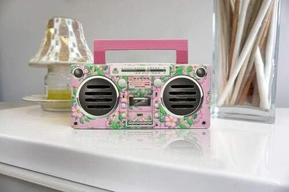 GPO BRONX Mini Bluetooth Speaker. Compact Retro Portable Speaker with Rechargeable Battery, USB Port, TF Card Port, and Aux, Outdoor Speaker for Parties, Floral Pink