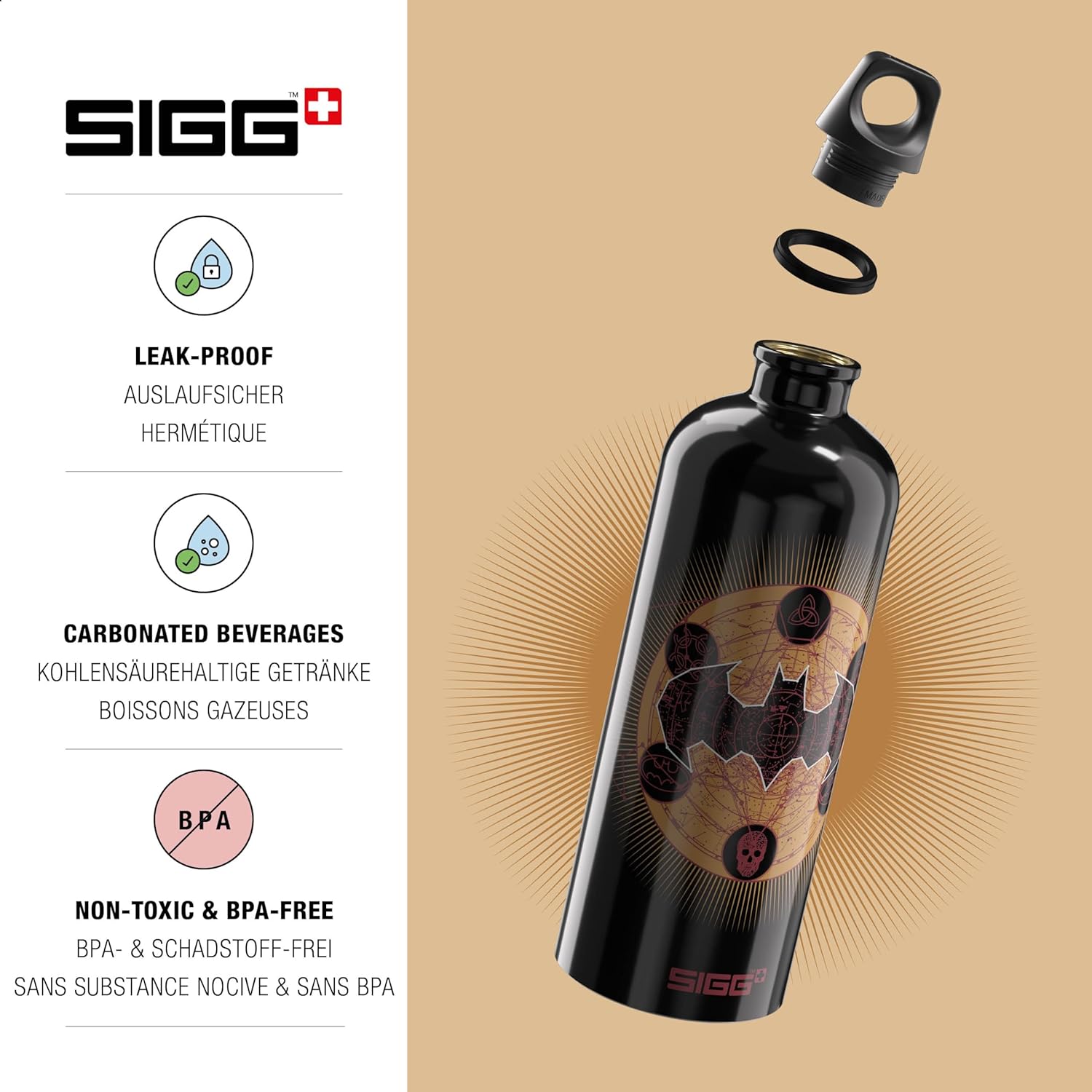 SIGG - Borraccia Alluminio - Traveller Batman - Certificata Climate Neutral - Bevande Gassate - Ermetica - Leggera - Senza BPA - 1L Oro Batman