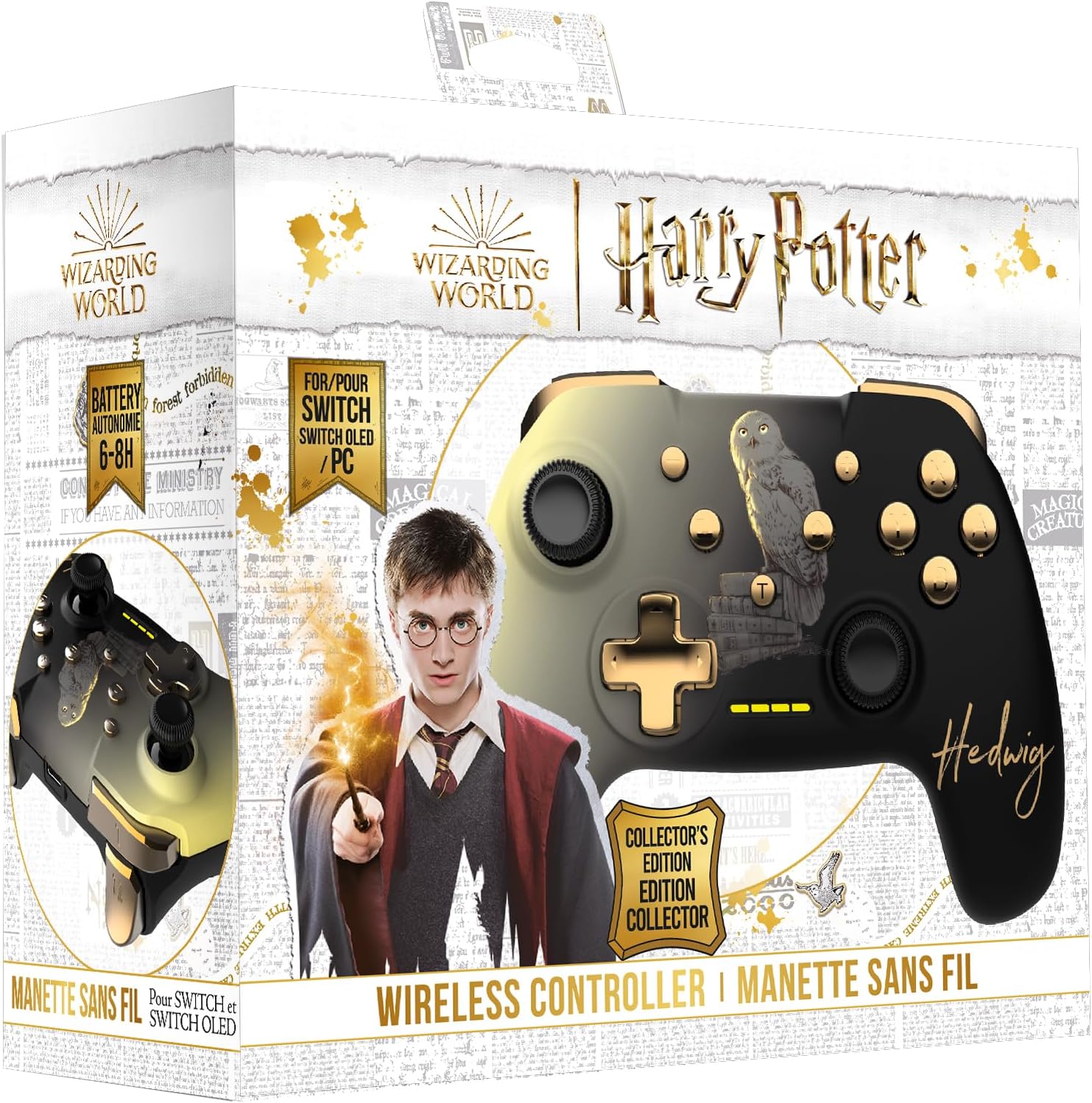 Harry Potter - Manette Sans Fil pour Nintendo Switch - Modèle Hedwige - Noire - Câble 1M