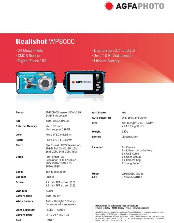 AGFA PHOTO Realishot WP8000 Waterproof Digital Camera (24 MP, Full HD Video, Dual LCD Screen, 16x Digital Zoom, Digital Stabilizer, Lithium Battery) Blue