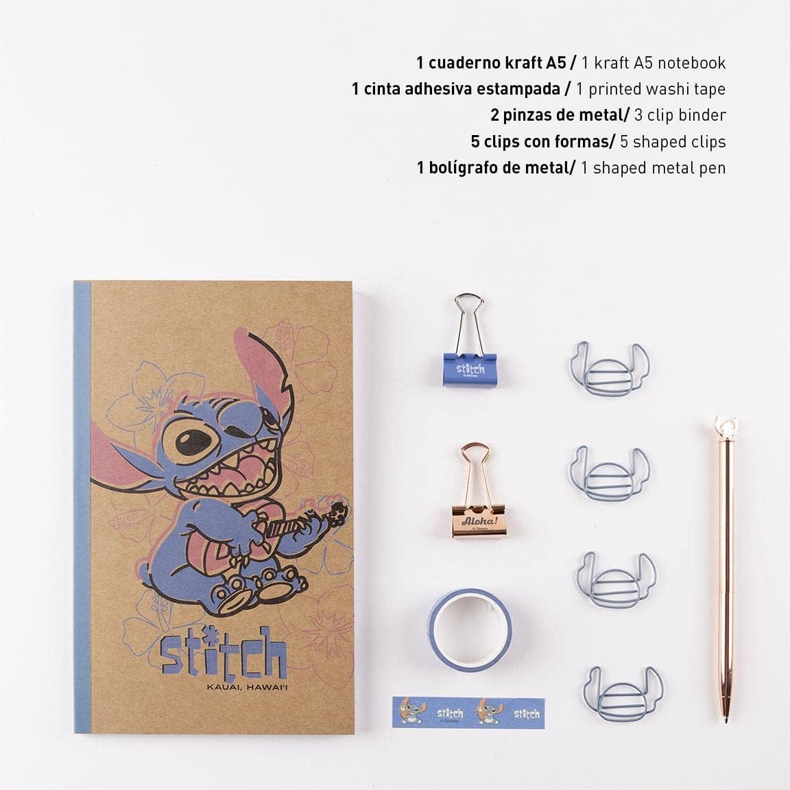 CERDÁ LIFE'S LITTLE MOMENTS - Set Papeleria Stitch Incluye Cuaderno Kraft A5-21 x 13 cm - Boligrafo Negro de Metal, Cinta Adhesiva, Clips con Forma y 2 Clips Metálicos