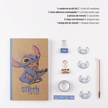 CERDÁ LIFE'S LITTLE MOMENTS - Set Papeleria Stitch Incluye Cuaderno Kraft A5-21 x 13 cm - Boligrafo Negro de Metal, Cinta Adhesiva, Clips con Forma y 2 Clips Metálicos