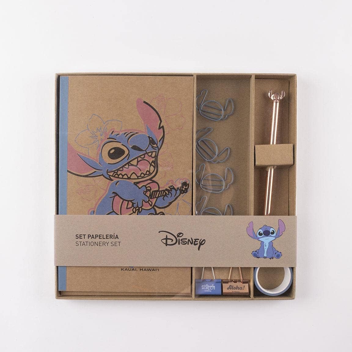 CERDÁ LIFE'S LITTLE MOMENTS - Set Papeleria Stitch Incluye Cuaderno Kraft A5-21 x 13 cm - Boligrafo Negro de Metal, Cinta Adhesiva, Clips con Forma y 2 Clips Metálicos