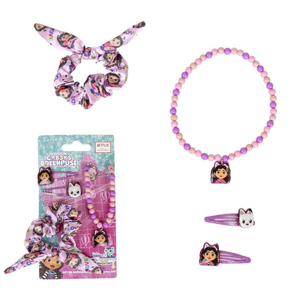 Beauty-Set von Gabby's Dollhouse – enthält 1 Haargummi aus Stoff, 2 Haarnadeln und 1 Halskette, mehrfarbig, verschiedene Zusammensetzungen, inspiriert von Gabby und Panty Patitas – Originalprodukt