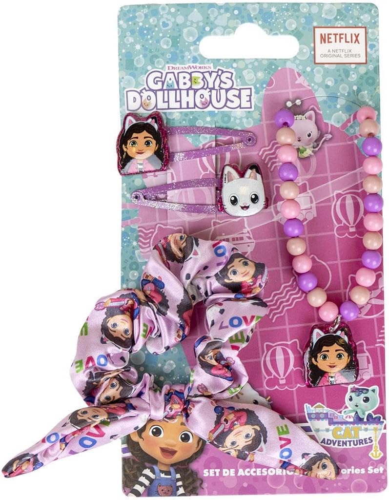Beauty-Set von Gabby's Dollhouse – enthält 1 Haargummi aus Stoff, 2 Haarnadeln und 1 Halskette, mehrfarbig, verschiedene Zusammensetzungen, inspiriert von Gabby und Panty Patitas – Originalprodukt