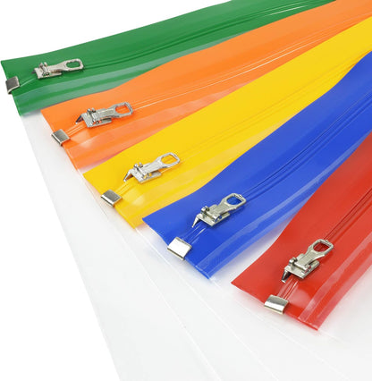 Rapesco 1503 Zippi Bag with Metal Zip, A4+ / Foolscap, Clear Transparent with Assorted Bright Coloured Zip Strips, Pack of 5