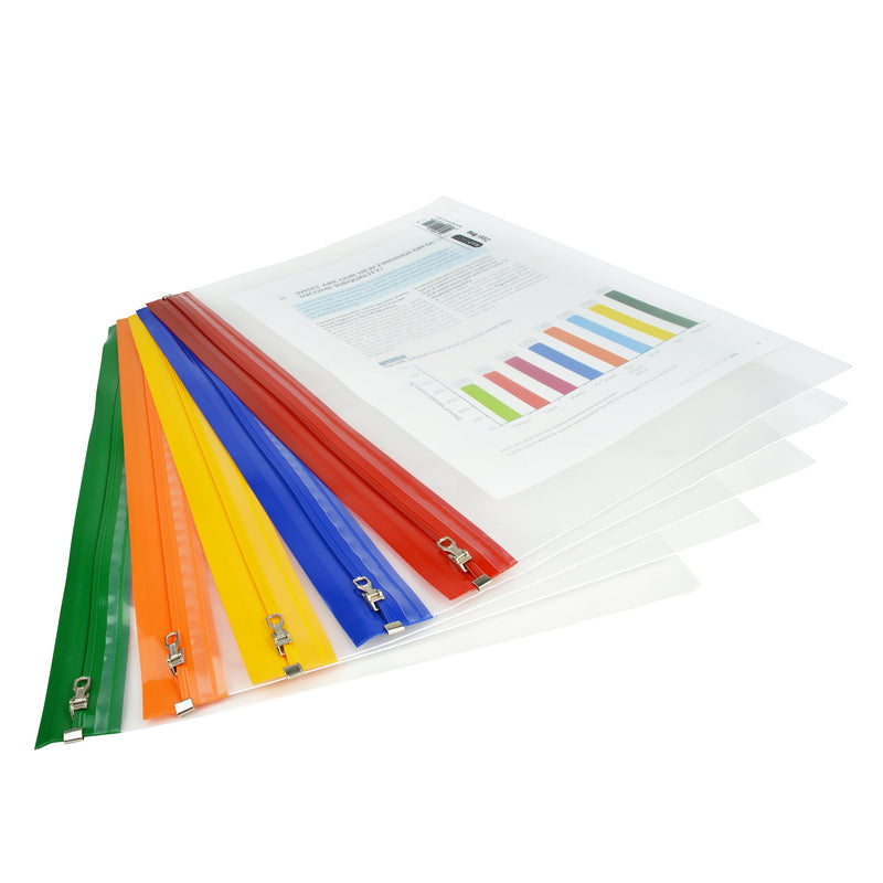 Rapesco 1503 Zippi Bag with Metal Zip, A4+ / Foolscap, Clear Transparent with Assorted Bright Coloured Zip Strips, Pack of 5