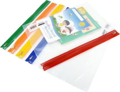 Rapesco 1503 Zippi Bag with Metal Zip, A4+ / Foolscap, Clear Transparent with Assorted Bright Coloured Zip Strips, Pack of 5