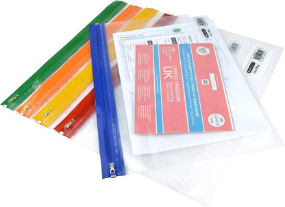 Rapesco 1503 Zippi Bag with Metal Zip, A4+ / Foolscap, Clear Transparent with Assorted Bright Coloured Zip Strips, Pack of 5