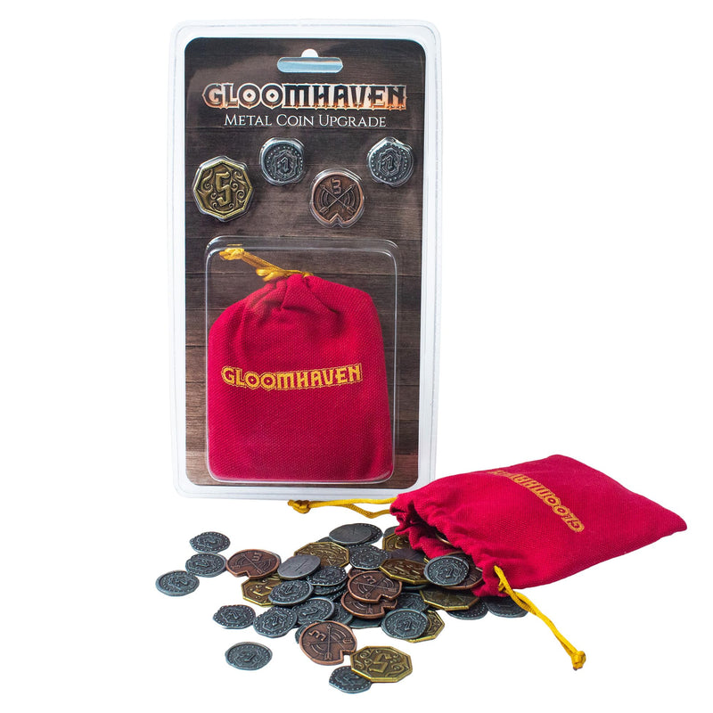 Cephalofair Games: Gloomhaven: Metal Coin Upgrade - 60 Coins & Drawstring Bag, Board Game Accessory, Metal Currency, Detailed Art
