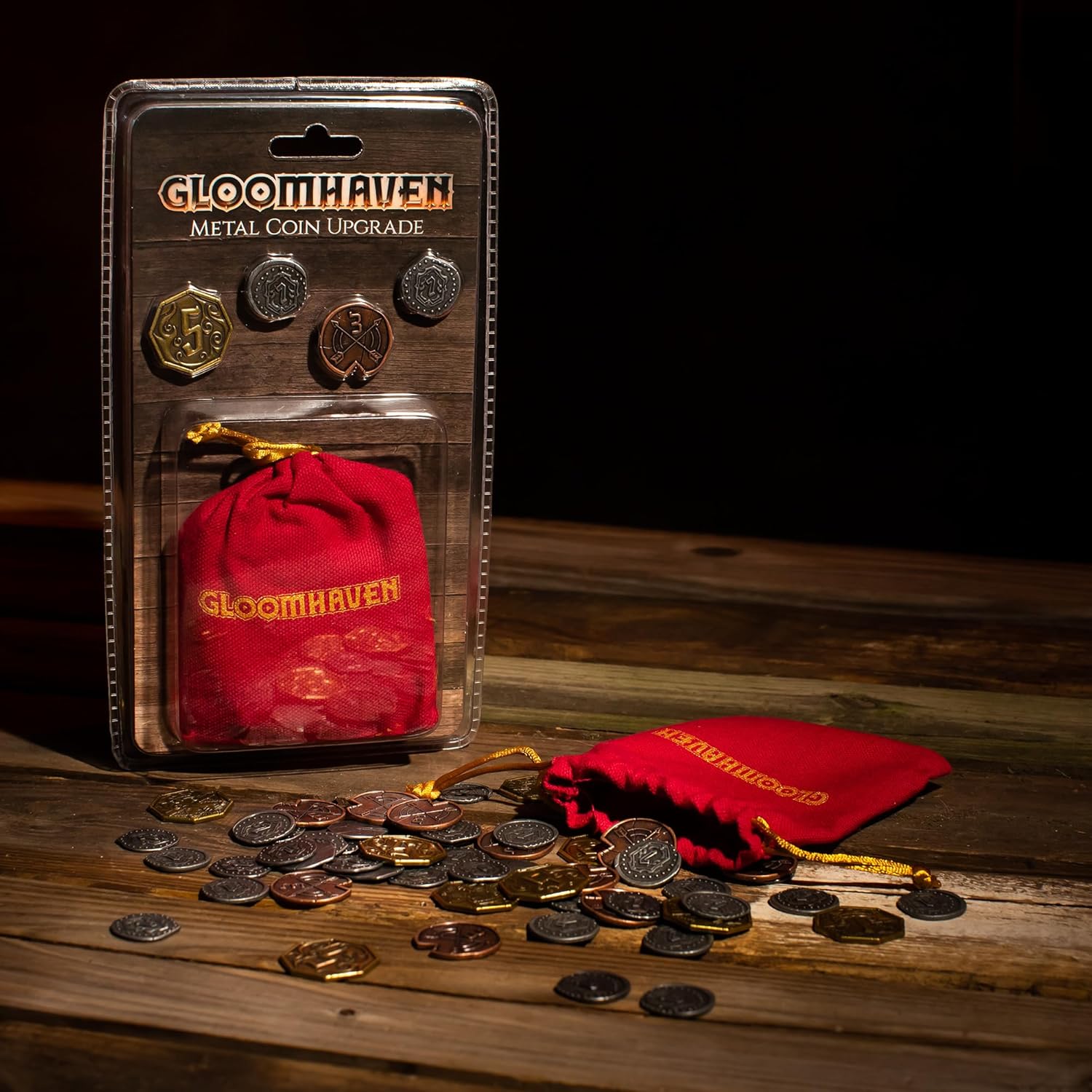 Cephalofair Games: Gloomhaven: Metal Coin Upgrade - 60 Coins & Drawstring Bag, Board Game Accessory, Metal Currency, Detailed Art