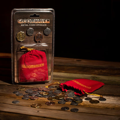 Cephalofair Games: Gloomhaven: Metal Coin Upgrade - 60 Coins & Drawstring Bag, Board Game Accessory, Metal Currency, Detailed Art
