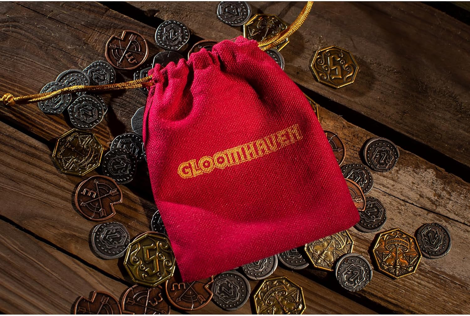Cephalofair Games: Gloomhaven: Metal Coin Upgrade - 60 Coins & Drawstring Bag, Board Game Accessory, Metal Currency, Detailed Art
