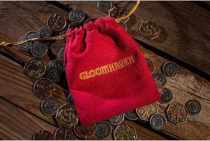 Cephalofair Games: Gloomhaven: Metal Coin Upgrade - 60 Coins & Drawstring Bag, Board Game Accessory, Metal Currency, Detailed Art