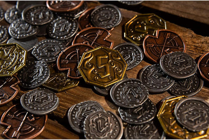 Cephalofair Games: Gloomhaven: Metal Coin Upgrade - 60 Coins & Drawstring Bag, Board Game Accessory, Metal Currency, Detailed Art