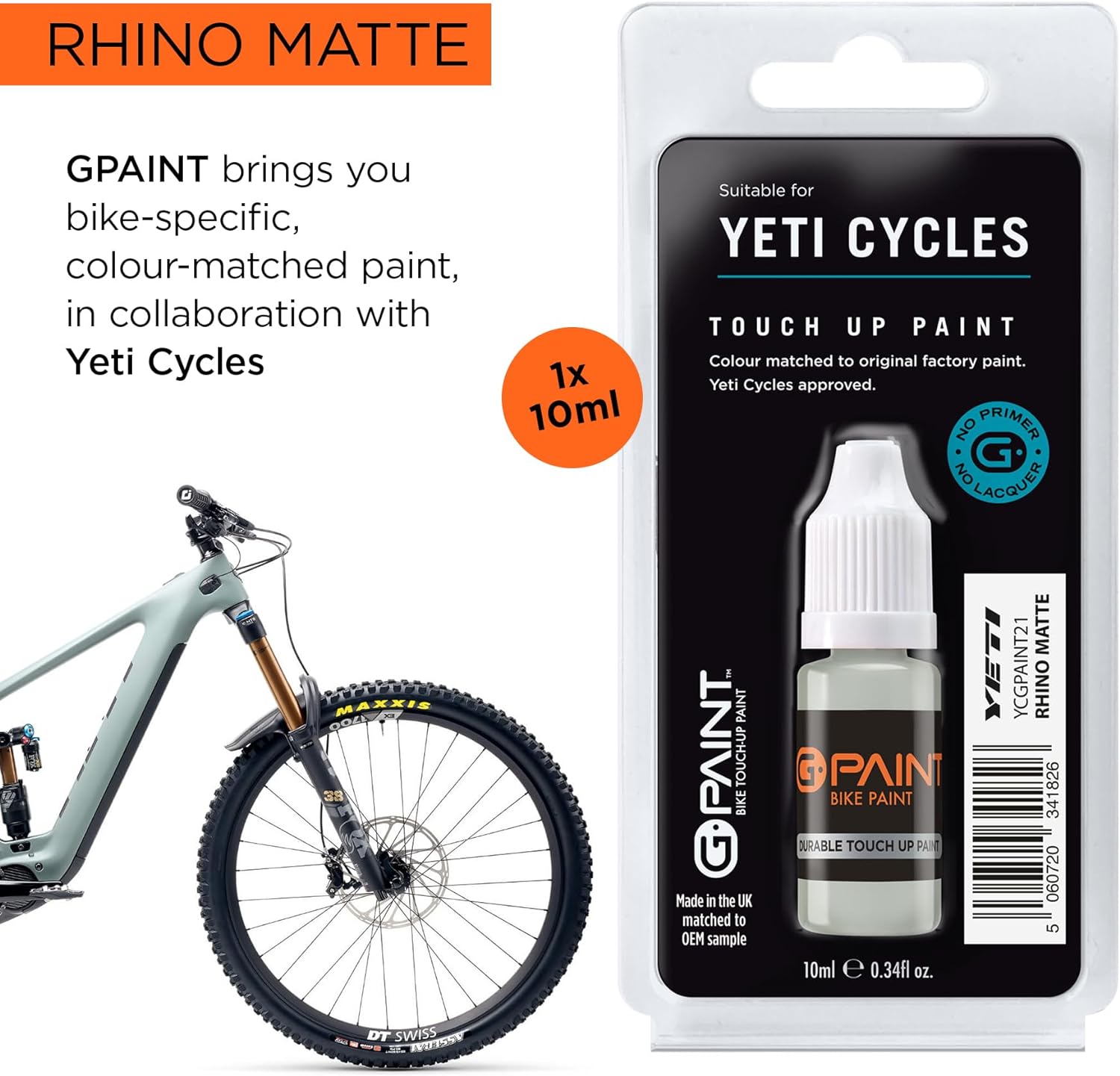 GPAINT Bike Paints - Yeti Cycles Bike Touch-Up Paint - RHINO - Colour Matched to Original Factory Paint, Approved by Yeti Cycles - Bike Scratch Repair & Bike Paint Chip Filler - 1 x 10ml Rhino Satin