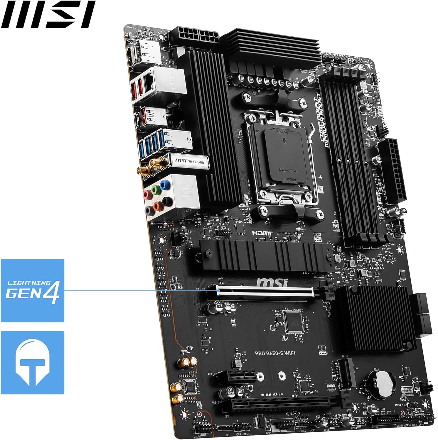 MSI PRO B650-S WIFI Motherboard, ATX - Supports AMD Ryzen 7000 Series Processors, AM5 - DDR5 Memory Boost 6000+MHz/OC, 2 x PCIe 4.0 x16, 2 x M.2 Gen4, Wi-Fi 6E