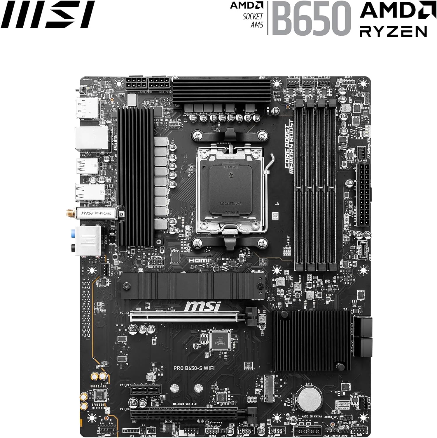 MSI PRO B650-S WIFI Motherboard, ATX - Supports AMD Ryzen 7000 Series Processors, AM5 - DDR5 Memory Boost 6000+MHz/OC, 2 x PCIe 4.0 x16, 2 x M.2 Gen4, Wi-Fi 6E