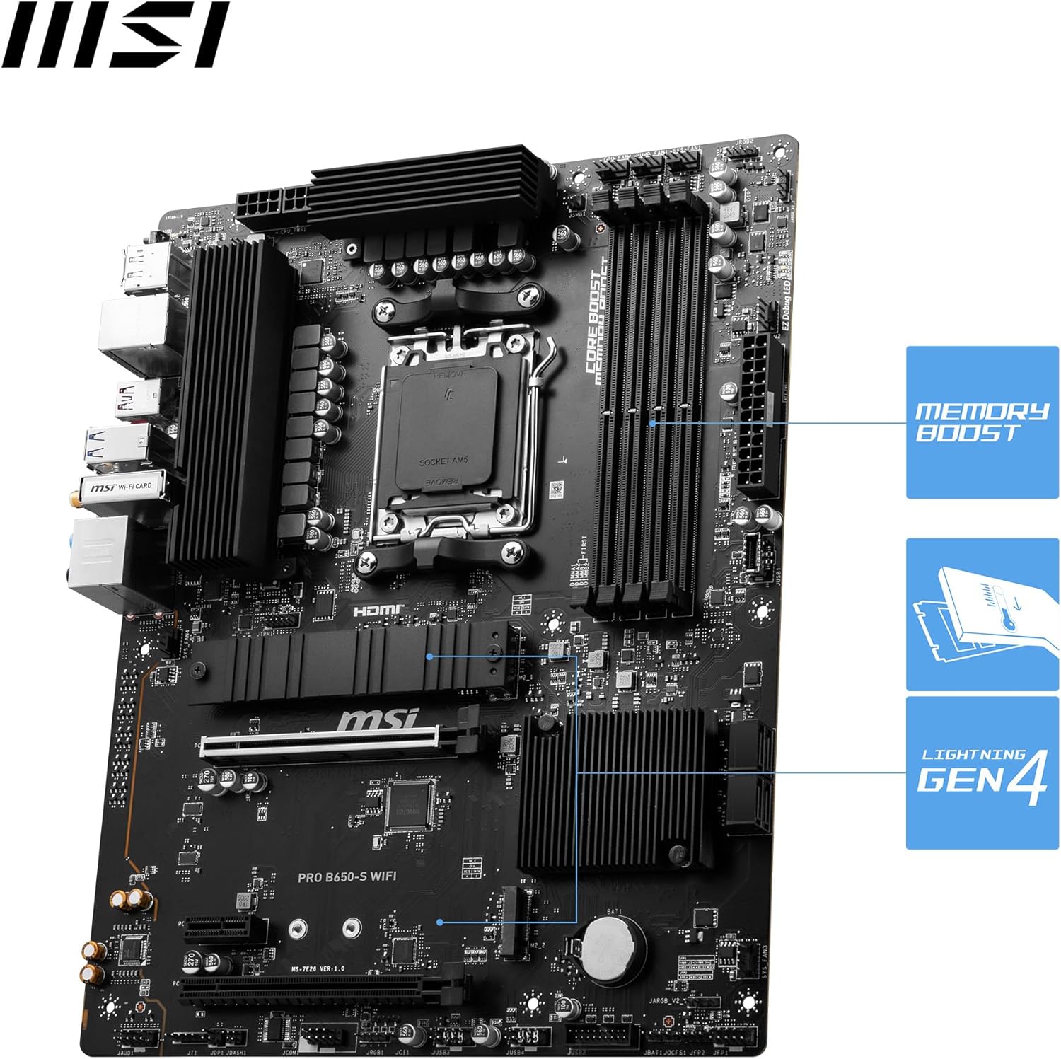 MSI PRO B650-S WIFI Motherboard, ATX - Supports AMD Ryzen 7000 Series Processors, AM5 - DDR5 Memory Boost 6000+MHz/OC, 2 x PCIe 4.0 x16, 2 x M.2 Gen4, Wi-Fi 6E