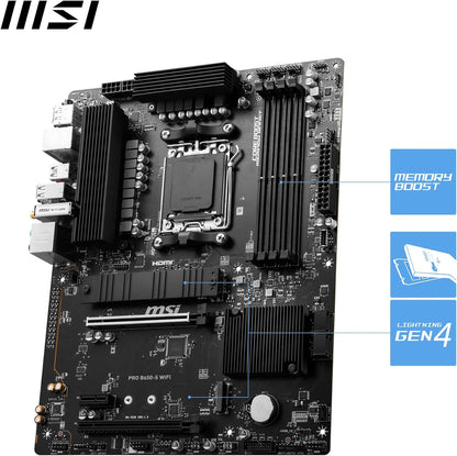 MSI PRO B650-S WIFI Motherboard, ATX - Supports AMD Ryzen 7000 Series Processors, AM5 - DDR5 Memory Boost 6000+MHz/OC, 2 x PCIe 4.0 x16, 2 x M.2 Gen4, Wi-Fi 6E