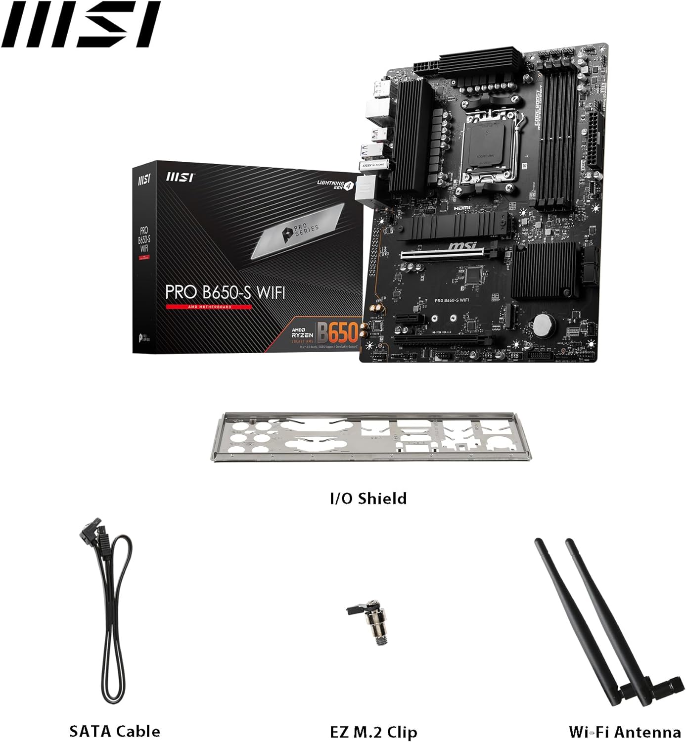 MSI PRO B650-S WIFI Motherboard, ATX - Supports AMD Ryzen 7000 Series Processors, AM5 - DDR5 Memory Boost 6000+MHz/OC, 2 x PCIe 4.0 x16, 2 x M.2 Gen4, Wi-Fi 6E
