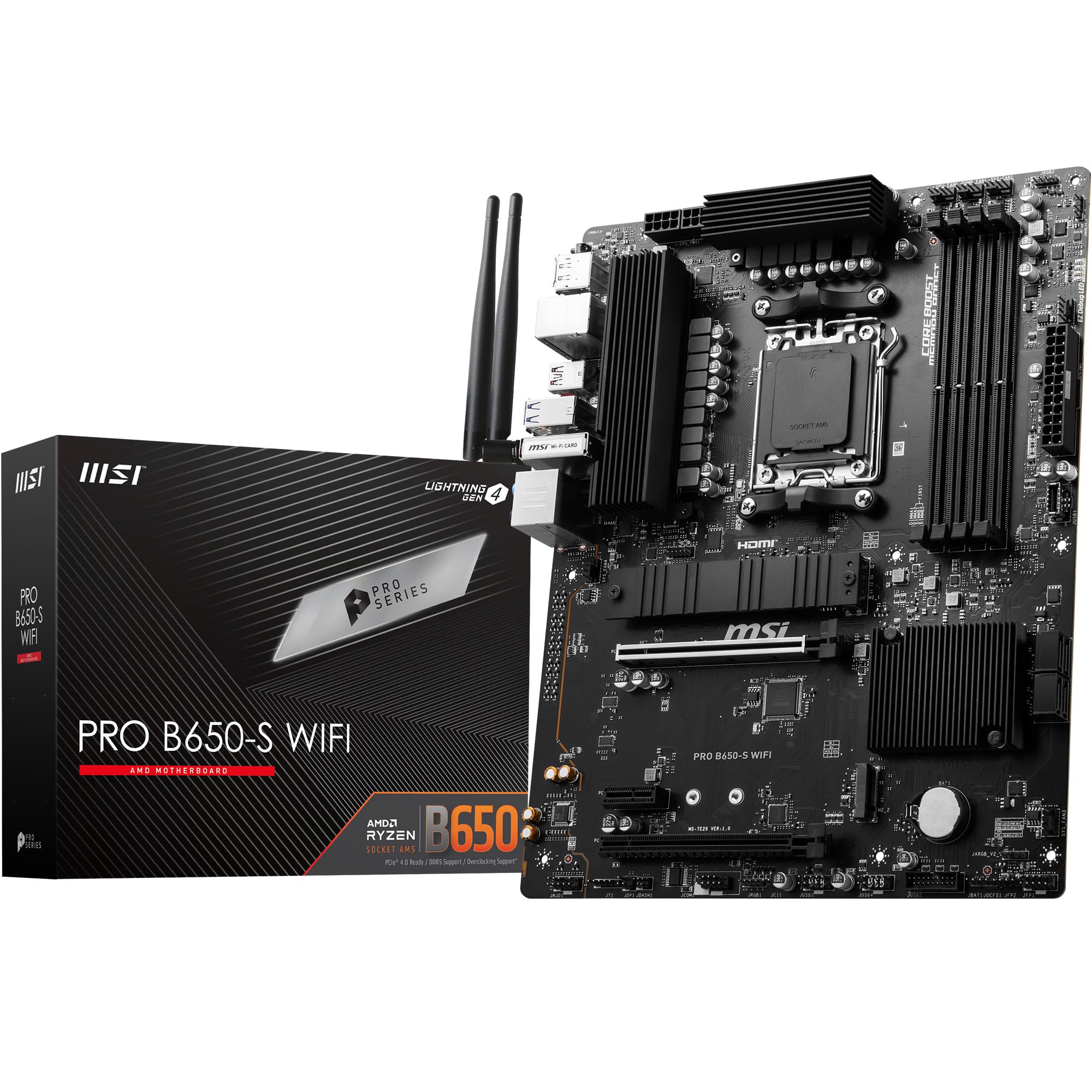 MSI PRO B650-S WIFI Motherboard, ATX - Supports AMD Ryzen 7000 Series Processors, AM5 - DDR5 Memory Boost 6000+MHz/OC, 2 x PCIe 4.0 x16, 2 x M.2 Gen4, Wi-Fi 6E