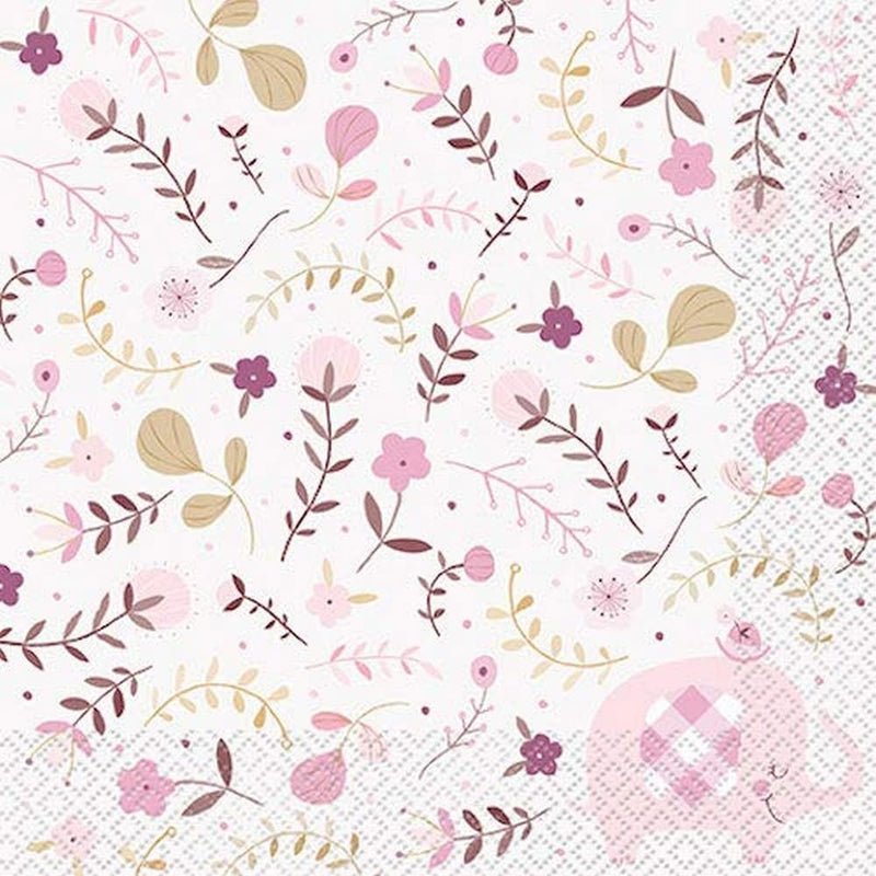 Unique, rosa, Tovaglioli da pranzo con elefante floreale per baby shower, 16 pezzi, 78372