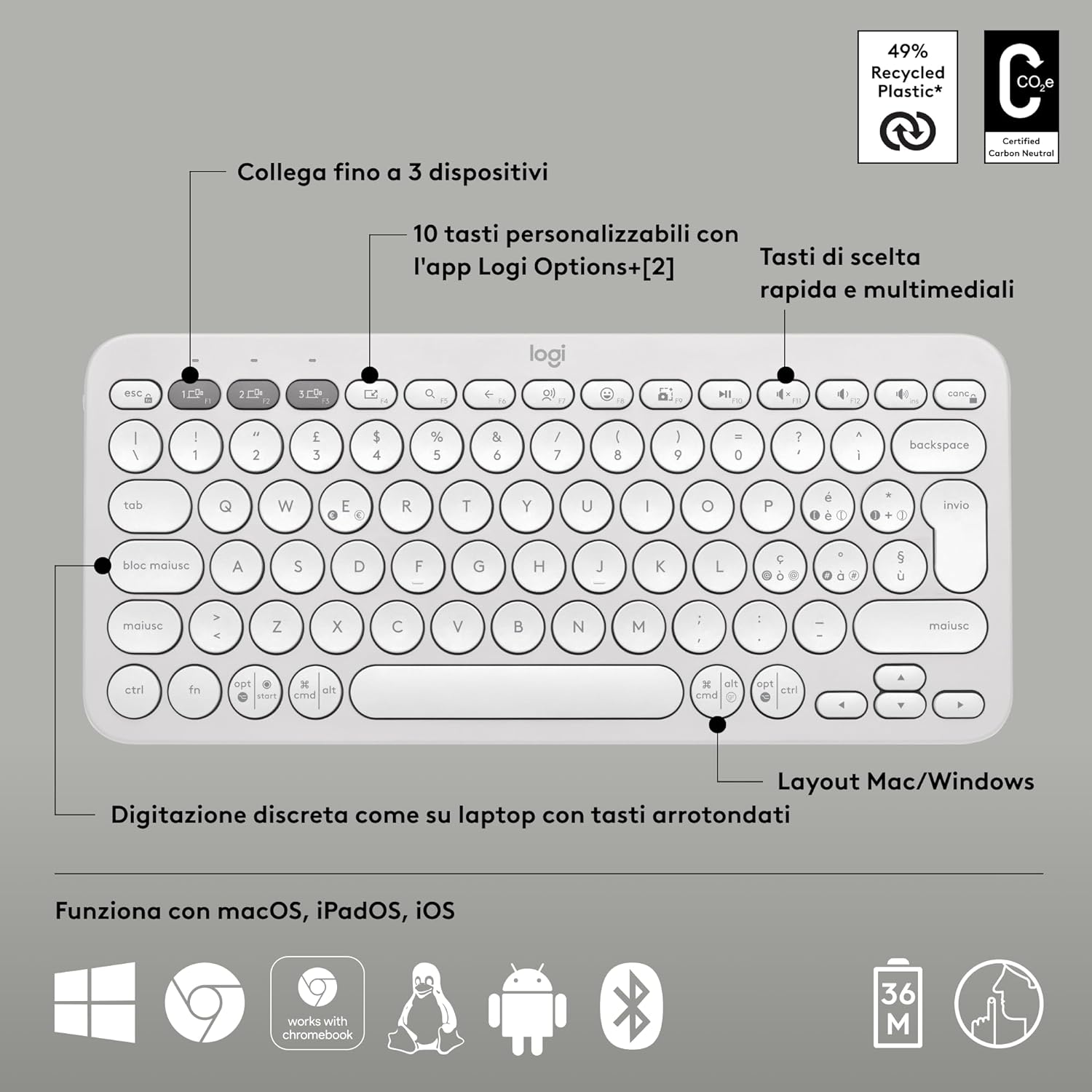 Logitech Pebble Keys 2 K380s, tastiera wireless Bluetooth multidispositivo con tasti di scelta rapida personalizzabili, Easy-Switch, Windows, macOS, iPadOS, Android, ChromeOS, italiano QWERTY