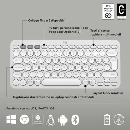 Logitech Pebble Keys 2 K380s, tastiera wireless Bluetooth multidispositivo con tasti di scelta rapida personalizzabili, Easy-Switch, Windows, macOS, iPadOS, Android, ChromeOS, italiano QWERTY