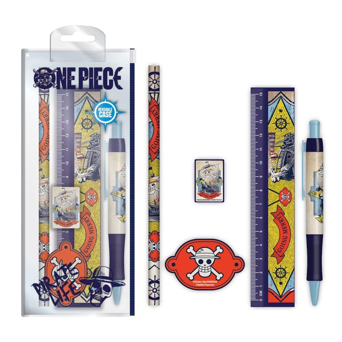 One Piece Stationery Set (Going Merry Design) 5-Piece One Piece Pencil Case with School Supplies - Official Merchandise