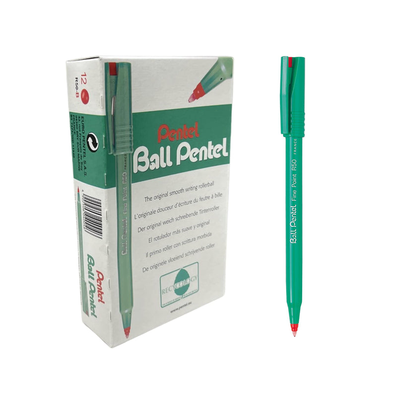 Pentel R50 Rollerball Pen Green Barrel Water-based 0.8mm Tip 0.4mm Line Red Ref R50-B