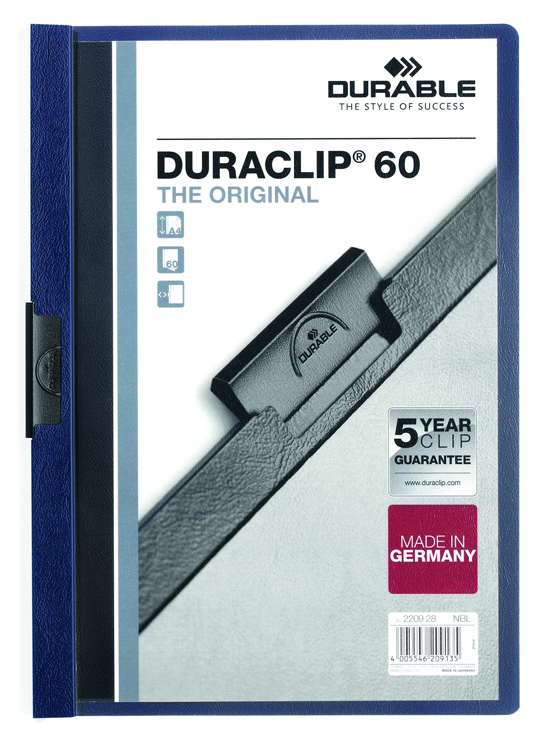 Durable DURAClip 60 A4 Clip Folder | Holds Up to 60 Sheets of A4 Paper | Robust Metal Sprung Clip | Pack of 25 Midnight Blue Coloured Files