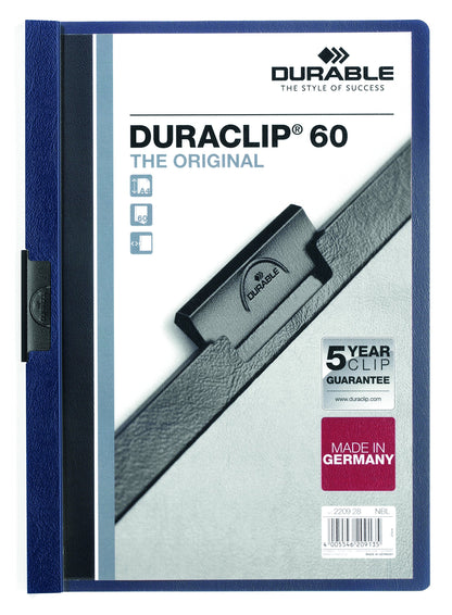 Durable DURAClip 60 A4 Clip Folder | Holds Up to 60 Sheets of A4 Paper | Robust Metal Sprung Clip | Pack of 25 Midnight Blue Coloured Files