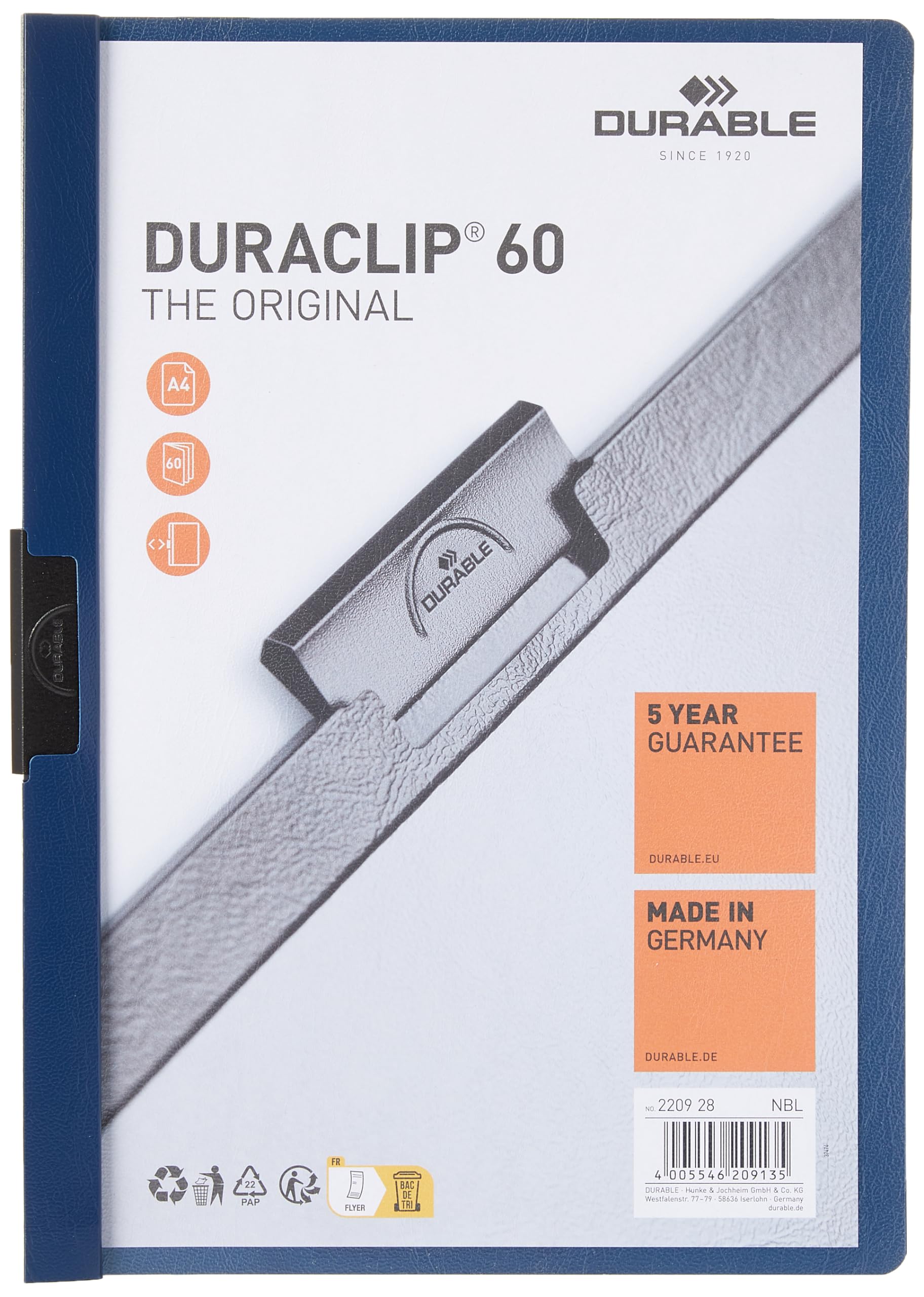 Durable DURAClip 60 A4 Clip Folder | Holds Up to 60 Sheets of A4 Paper | Robust Metal Sprung Clip | Pack of 25 Midnight Blue Coloured Files