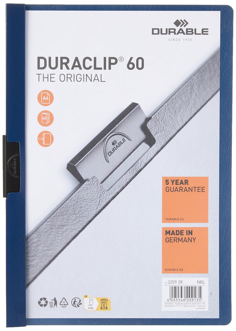 Durable DURAClip 60 A4 Clip Folder | Holds Up to 60 Sheets of A4 Paper | Robust Metal Sprung Clip | Pack of 25 Midnight Blue Coloured Files