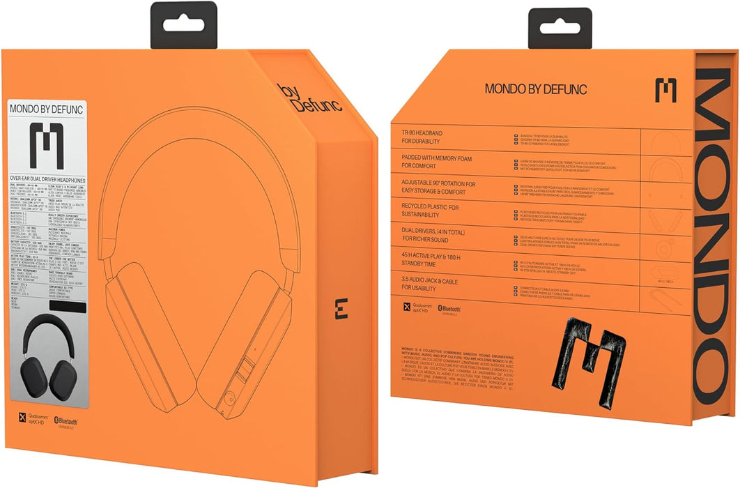 Defunc Mondo Over-Ears Wireless Headphones with Optional Cable - 45H of Active Play Time - Bluetooth - Dual ENC Microphones and Drivers (Black