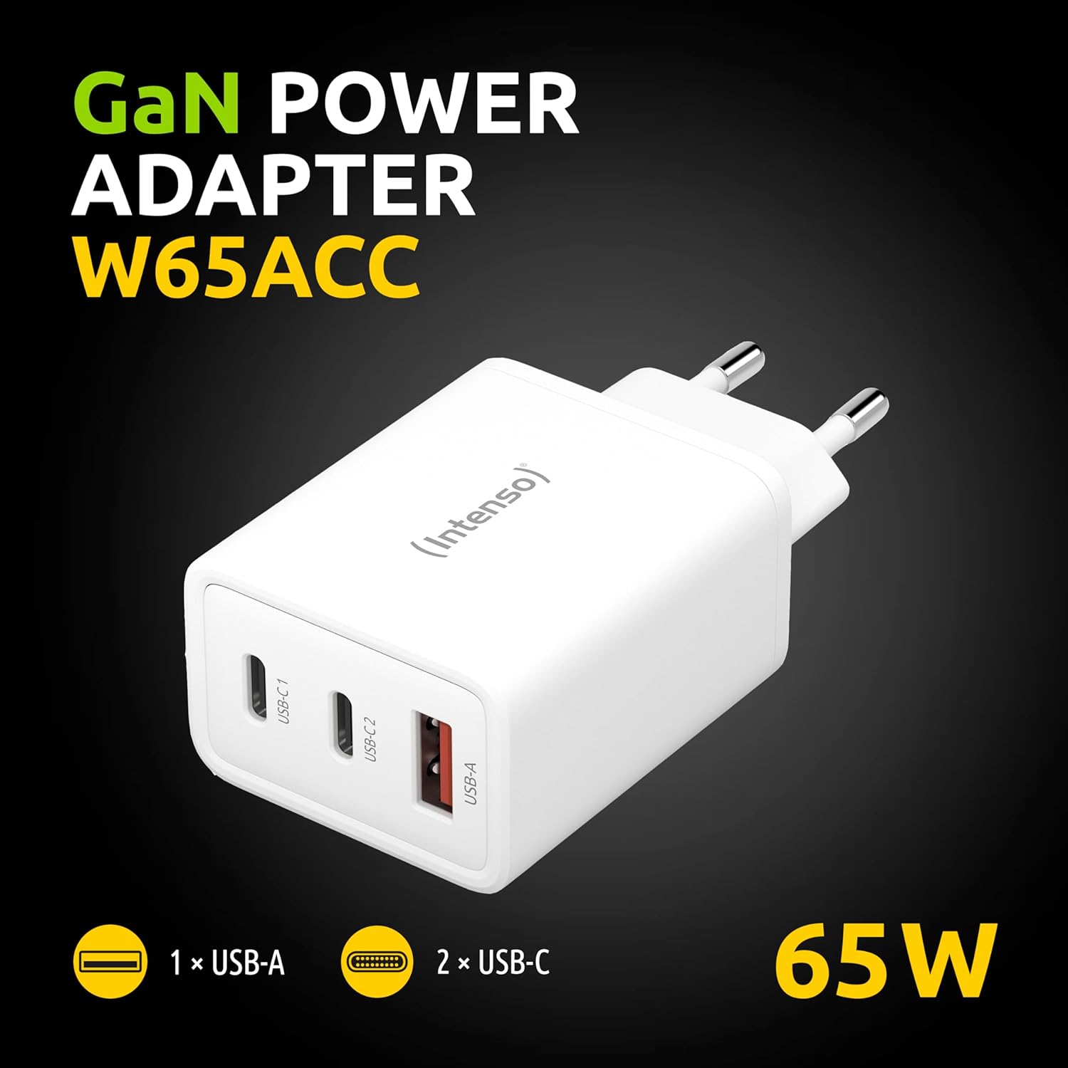 Intenso Power Adapter W65ACC, USB Power Supply with 1 USB-A and 2 USB-C Ports, Energy-Saving GaN Technology and 65 Watt, White