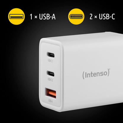 Intenso Power Adapter W65ACC, USB Power Supply with 1 USB-A and 2 USB-C Ports, Energy-Saving GaN Technology and 65 Watt, White
